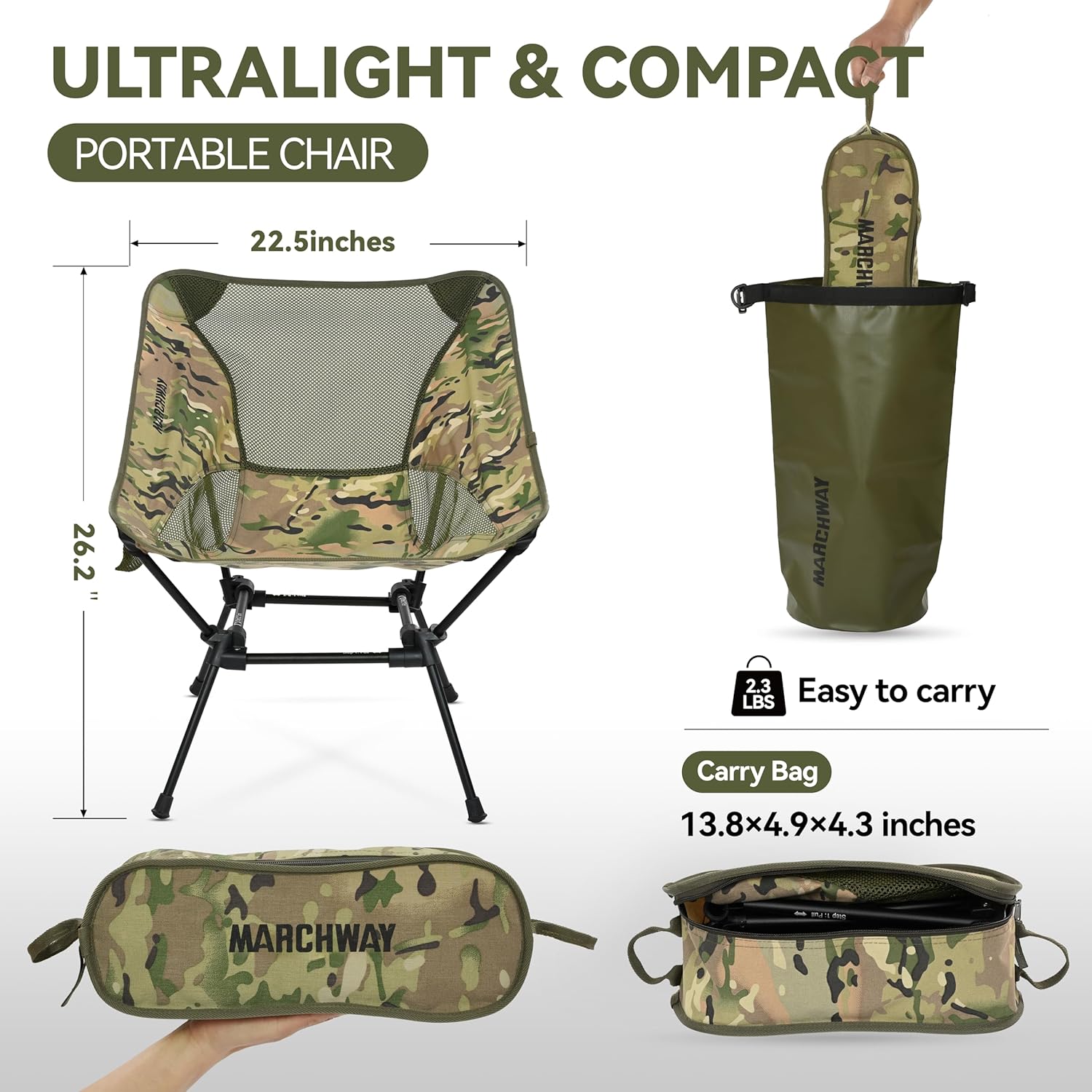 MARCHWAY Ultralight Folding Camping Chair, Heavy Duty Portable Compact for Outdoor Camp, Travel, Beach, Picnic, Festival, Hiking, Lightweight Backpacking (Camo) - Image 3
