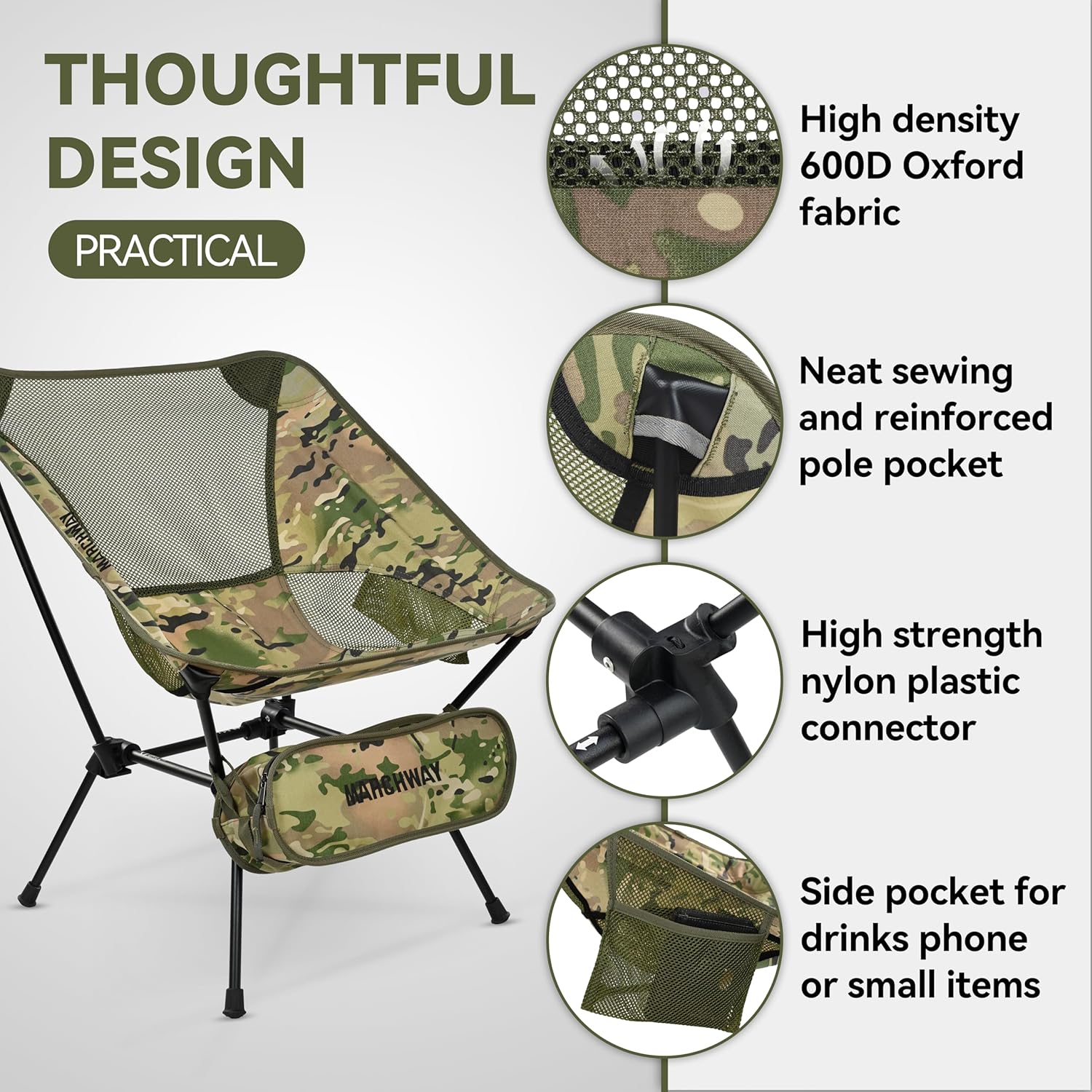 MARCHWAY Ultralight Folding Camping Chair, Heavy Duty Portable Compact for Outdoor Camp, Travel, Beach, Picnic, Festival, Hiking, Lightweight Backpacking (Camo) - Image 5